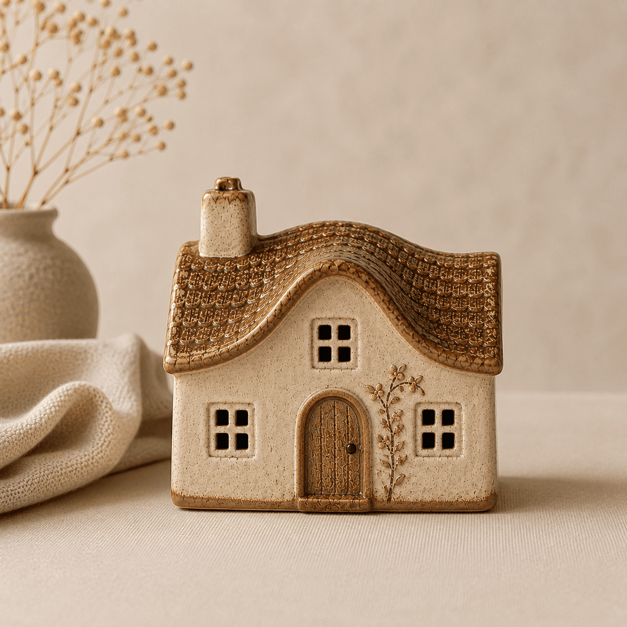 Handmade curved storybook ceramic cottage ornament with textured flowing roof