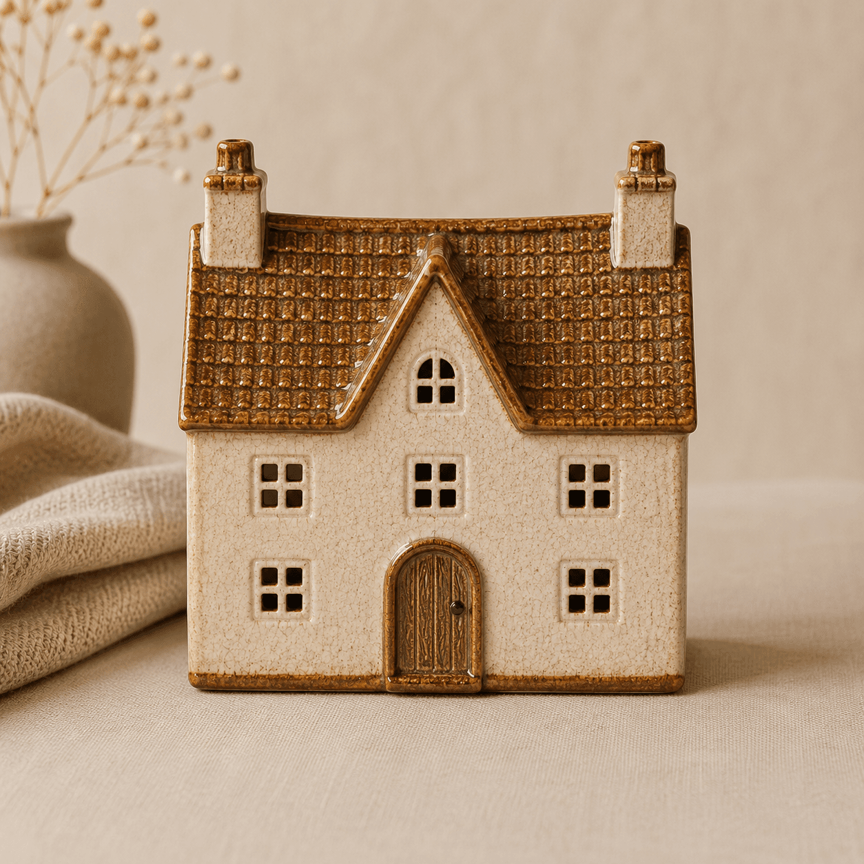 Handmade twin chimney manor ceramic cottage ornament with textured roof
